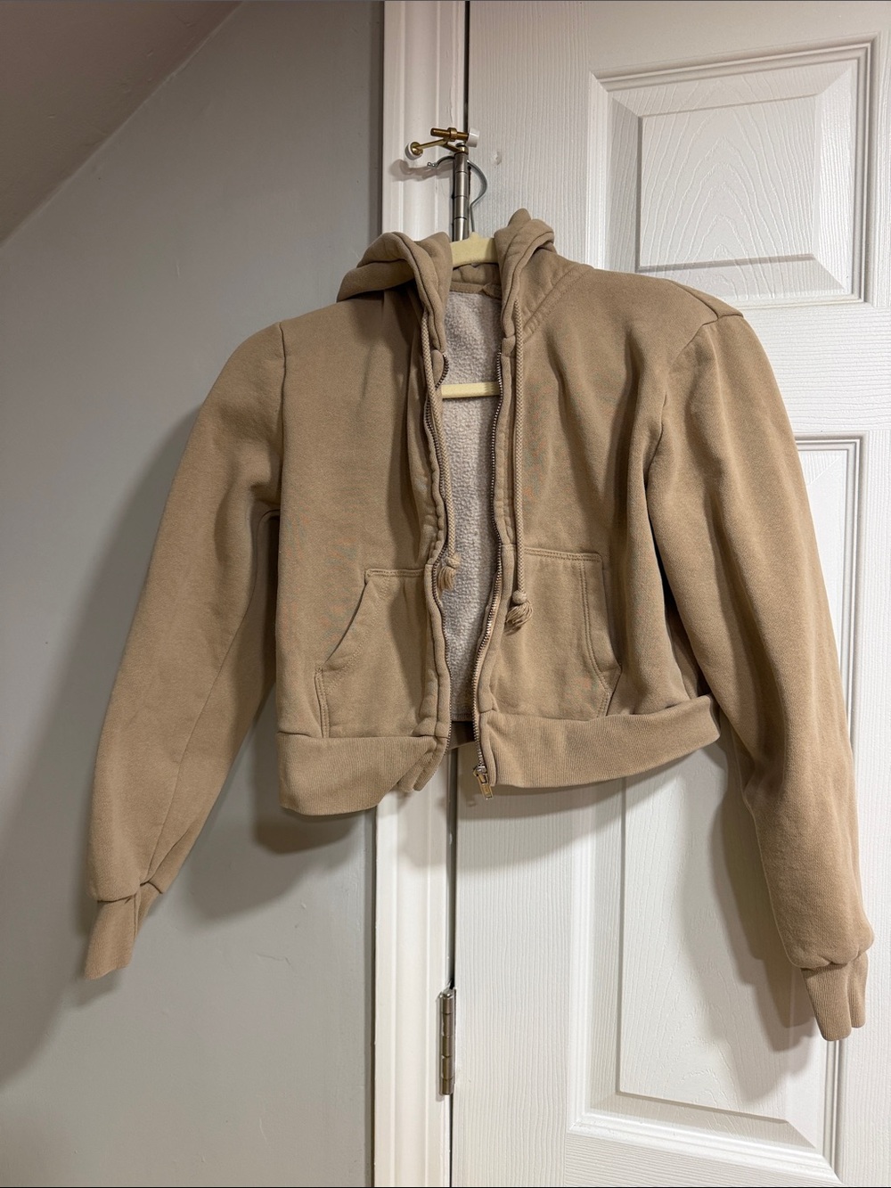 Brandy Melville Cropped Teddy Hoodie in Tan